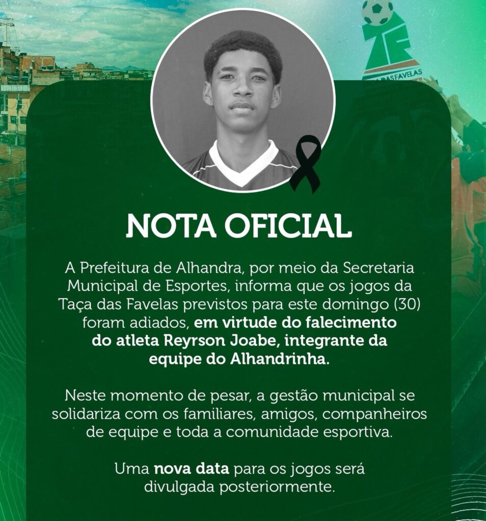 Prefeitura de Alhandra adia jogos da Taça das Favelas após morte de atleta do Alhandrinha