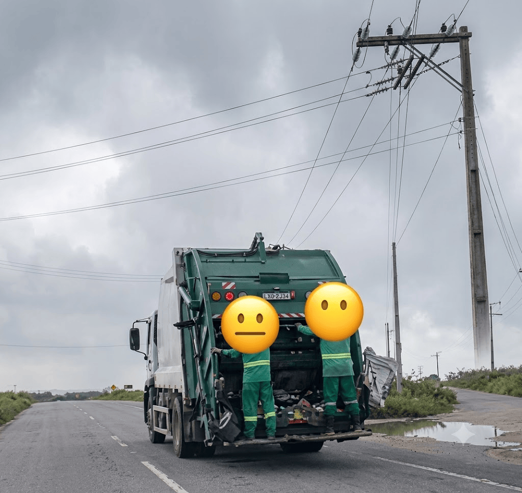 Vídeo flagra caminhão de lixo com trabalhadores pendurados na carroceria na PB-044, entre Caaporã e a BR-101