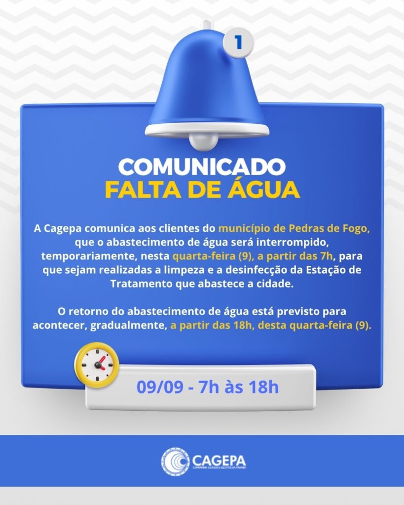 Cagepa comunica interrupção no abastecimento de água em Pedras de Fogo nesta quarta-feira