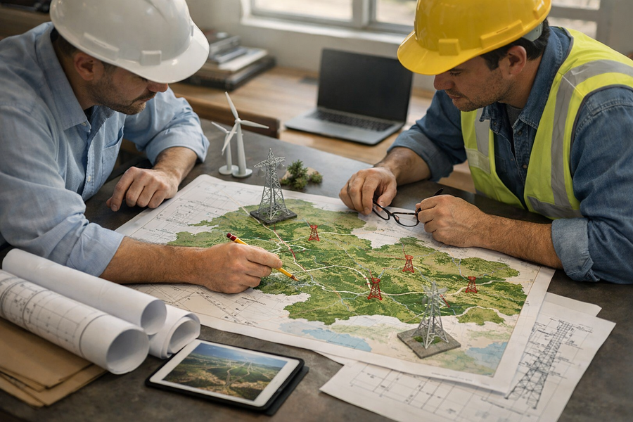 Leilão de transmissão prevê R$ 8,9 bilhões em investimentos e inclui obras na Paraíba Ilustração gerada por IA: Planejamento de obras de transmissão de energia na Paraíba.