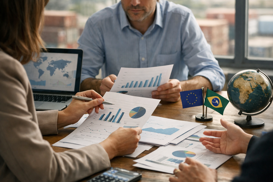 Ministro atribui alta de 30% nas exportações do Brasil à UE ao acordo com o Mercosul Ilustração gerada por IA: Profissionais acompanham dados de exportação em um ambiente de trabalho, representando a conexão comercial entre Brasil e Europa.