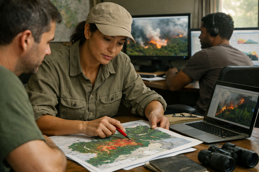 Reportagem aponta alta de focos de incêndio na Amazônia brasileira em outubro Ilustração gerada por IA: O acompanhamento técnico dos incêndios e de seus efeitos ambientais e comunitários na Amazônia.