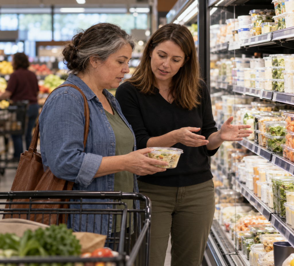 Rede americana oferece visitas guiadas em supermercados para usuários de GLP-1 Ilustração gerada por IA de orientação de compras em um supermercado.